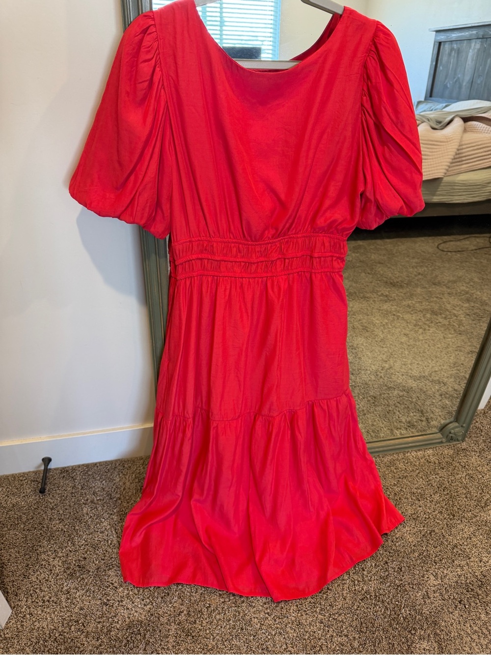 Puff-Sleeve Red Midi Dress with Smocked Waist